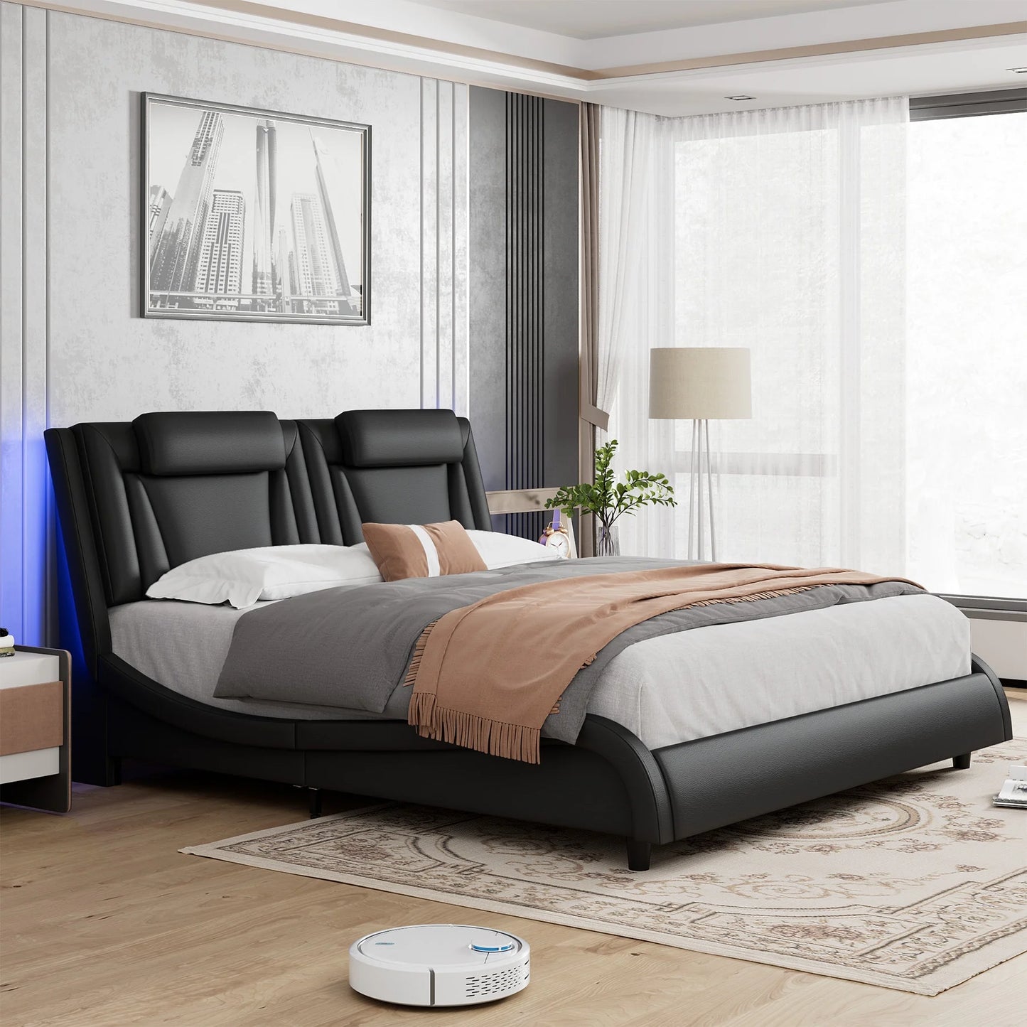 Queen Size LED Bed Frame, PU Leather Curved Upholstered Platform Bed Frame with Adjustable Headboard and Pillow, Black