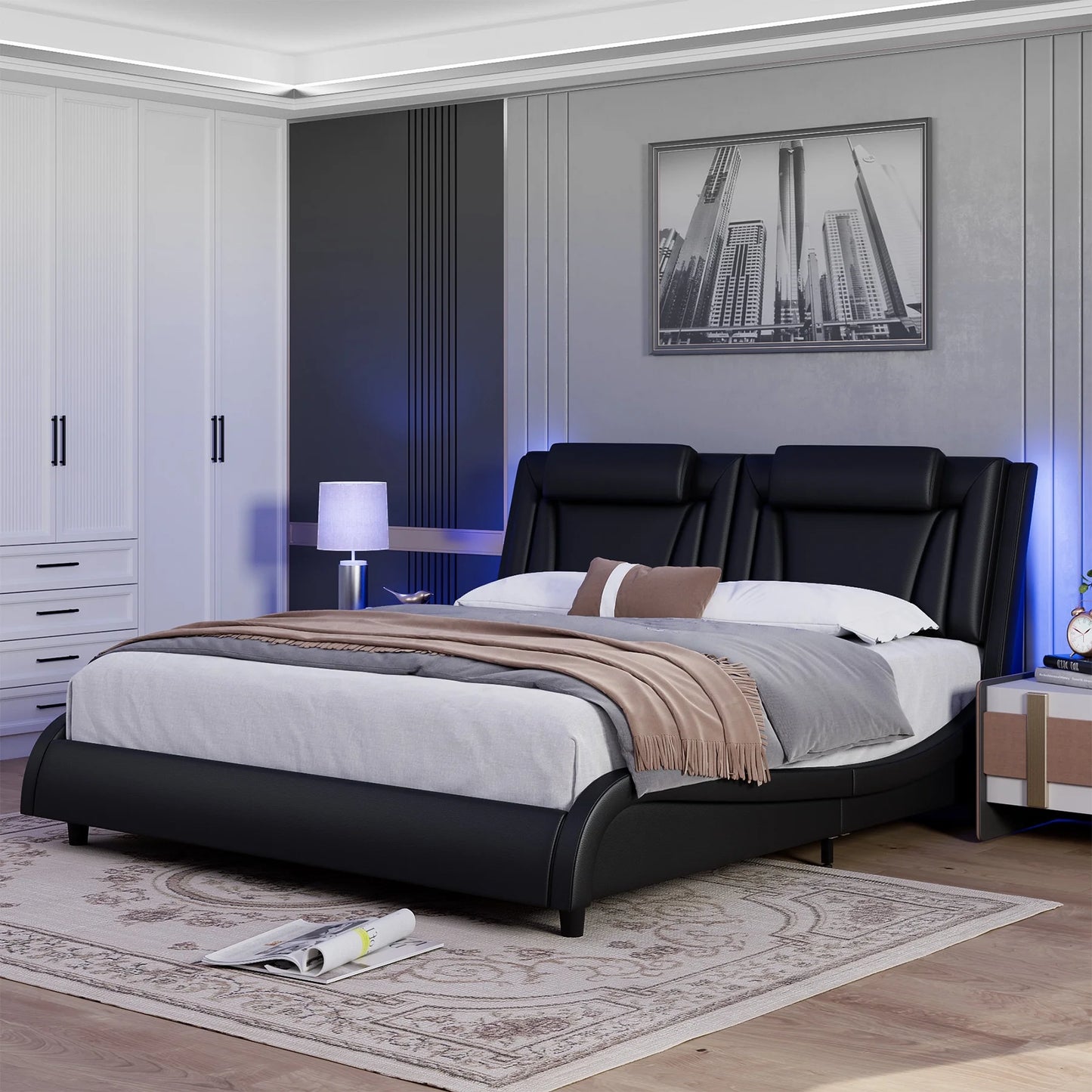 Queen Size LED Bed Frame, PU Leather Curved Upholstered Platform Bed Frame with Adjustable Headboard and Pillow, Black