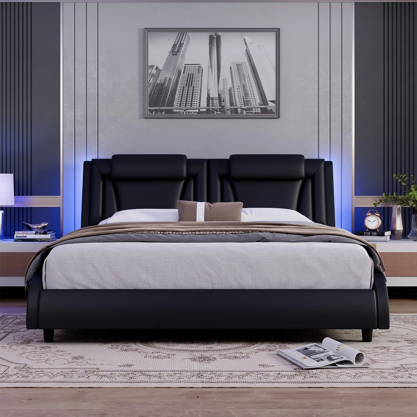 Queen Size LED Bed Frame, PU Leather Curved Upholstered Platform Bed Frame with Adjustable Headboard and Pillow, Black