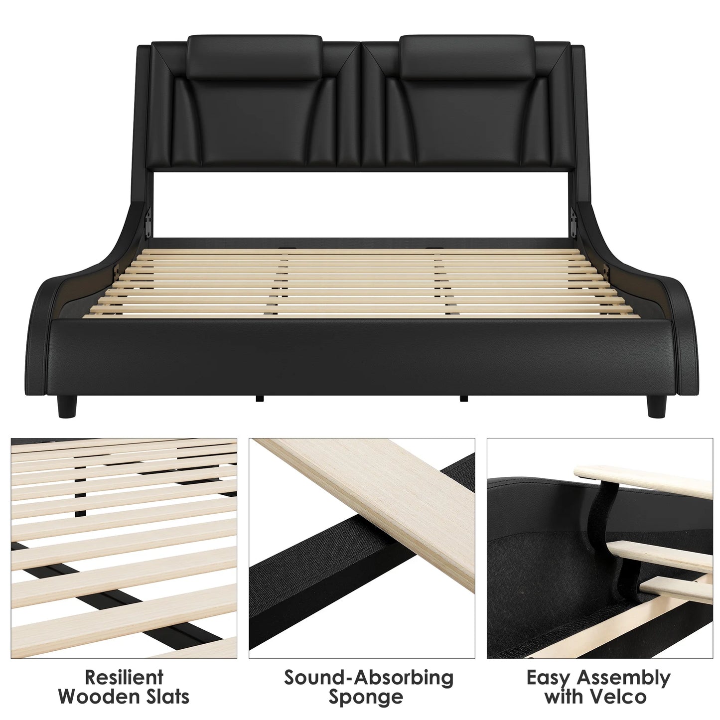 Queen Size LED Bed Frame, PU Leather Curved Upholstered Platform Bed Frame with Adjustable Headboard and Pillow, Black