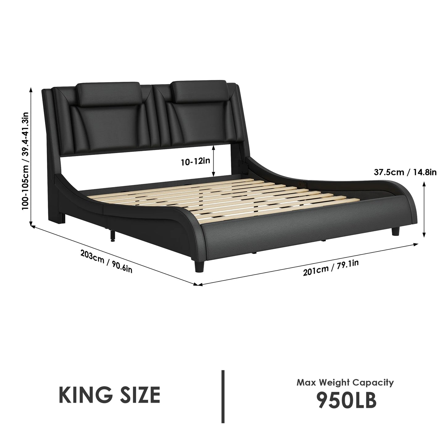 Queen Size LED Bed Frame, PU Leather Curved Upholstered Platform Bed Frame with Adjustable Headboard and Pillow, Black