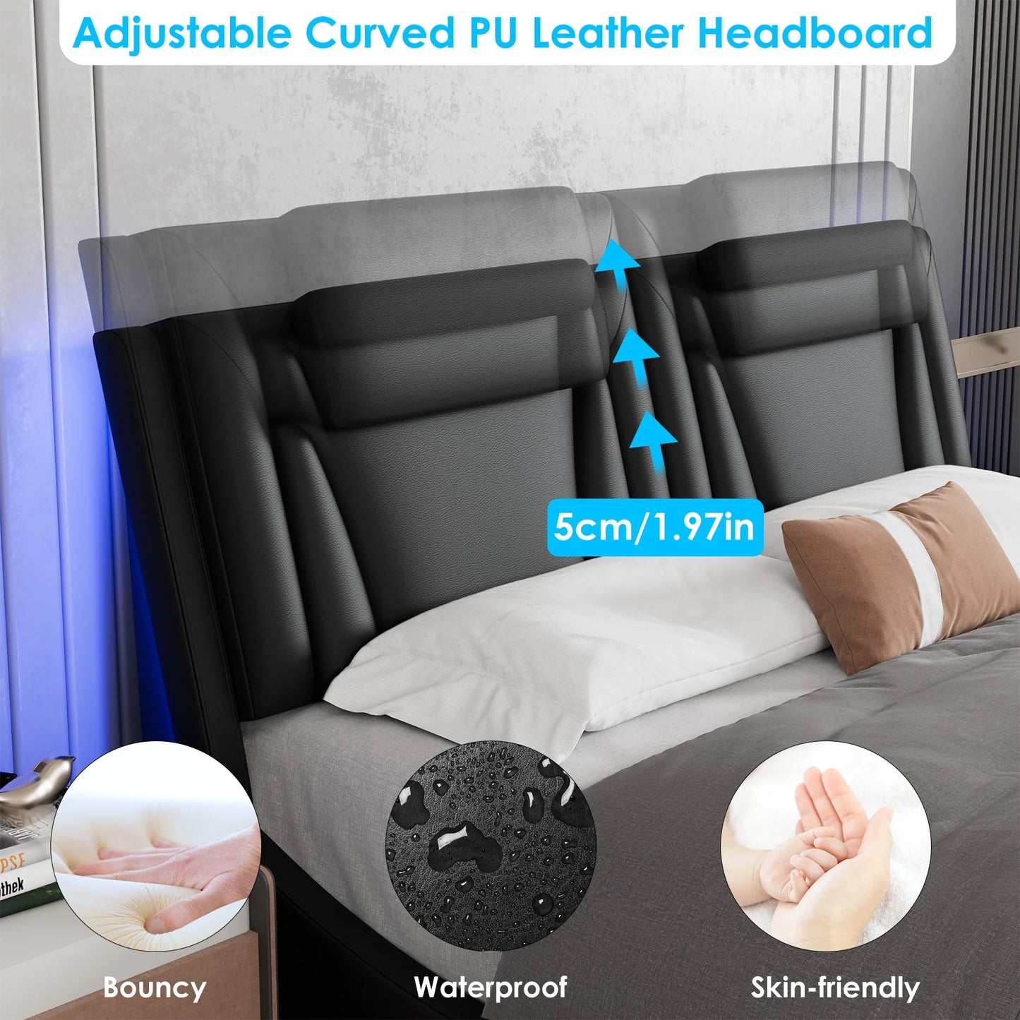 Queen Size LED Bed Frame, PU Leather Curved Upholstered Platform Bed Frame with Adjustable Headboard and Pillow, Black